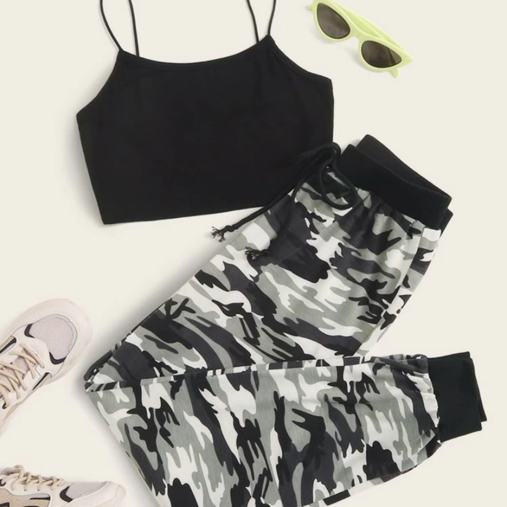 Black camo joggers and cami set